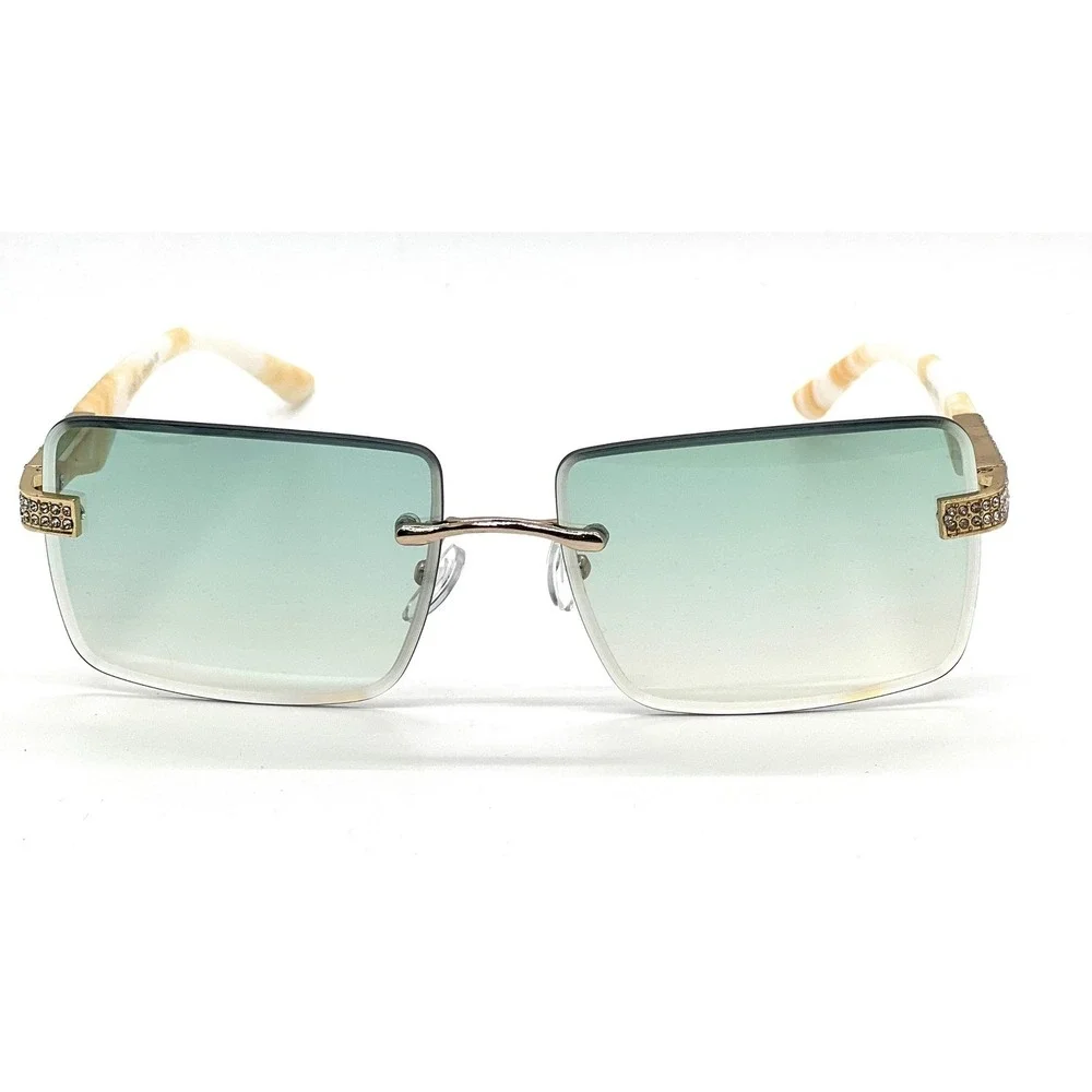 Rimless Rectangle Sunglasses Green Lens Rhinestone Accents Fashion Shades Lentes
